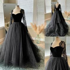 (eBay) Gothic Long Sleeves Tulle Wedding Dresses Lace Black Sweetheart Bridal Gowns Wedding Gown With Black Accent, Black Yule Ball Gown, Gothic Floral Dress, Dark Grey Wedding Dress, Wedding Dresses Lace Black, Black Prom Dress Long Sleeve, Winter Formal Dresses Long Sleeve, Gothic Bridesmaid Dresses, Black And White Gowns