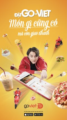 an advertisement for the go - met restaurant with a woman looking at her phone and eating pizza