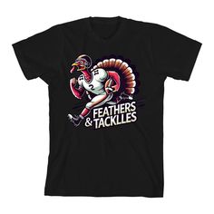 Spend Thanksgiving Day in style with this fun apparel featuring a big, colorful graphic of a turkey playing football—“Feathers & Tackles”—an eye-catching image that has been professionally printed for long-lasting print quality. Thoughtfully designed for comfort and style, this apparel is made of high-quality materials that make it perfect for all-day wear year after year. And when it’s time for cleaning, simply machine wash it cold and tumble dry on low for effortless care. Fall Fan Apparel T-shirt With Graphic Print, Black T-shirt For Fall Game Day, Black T-shirt For Game Day In Fall, Fan Apparel Graphic T-shirt For Fall, Fan Apparel Graphic Print T-shirt For Fall, Team Spirit Sports T-shirt For Fall, Black Graphic Print Top For Football Season, Fall Fan Merchandise T-shirt With Team Name, Graphic Print T-shirt For Game Day In Fall