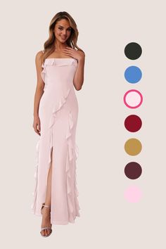 This floor length dress features adjustable spaghetti straps, ruffled straight neckline, scoop back, ruffled leg slit, and a bow tie back. Pink Brides Maid Dresses, Pale Pink Bridesmaid Dresses, Blush Pink Bridesmaid Dresses, Baby Pink Dresses, Bridesmaid Dresses Azazie, Pink Bridesmaid Dress, Pink Bride, Mother Wedding Dress, Chiffon Bridesmaid Dresses