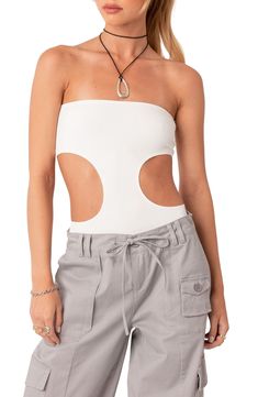 Edgy cutouts enliven this shoulder-baring bodysuit crafted with fine allover ribbing. Strapless 95% polyester, 5% spandex Machine wash, dry flat Imported Off-shoulder Bodysuit For Summer Nights Out, Off-shoulder Bodysuit For Night Out In Summer, Summer Off-shoulder Bodysuit For Night Out, Seamless Bodysuit For Night Out In Spring, Chic Strapless Seamless Bodysuit, Strapless Summer Bodysuit For Night Out, Strapless Bodysuit For Summer Night Out, Strapless Bodysuit For Night Out In Summer, Chic Strapless Bodysuit For Summer