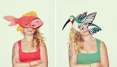 two pictures of a woman with fish masks on her head and one has a bird