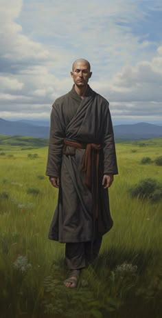 a painting of a man standing in the grass