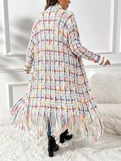 Plus Size Colorful Fringes Knitted Long Loose Cardigan, For Winter Multicolor Casual  Long Sleeve Fabric Tribal,All Over Print  Slight Stretch  Women Plus Clothing, size features are:Bust: ,Length: ,Sleeve Length: Soft Knit Acrylic Sweater Coat For Spring, Multicolor Long Sleeve Sweater Coat For Spring, Multicolor Knit Cardigan For Fall, Trendy Multicolor Sweater Coat For Spring, Spring Soft Knit Acrylic Sweater Coat, Multicolor Knitted Sweater Coat For Spring, Long Multicolor Sweater For Fall, Multicolor Long Sweater For Fall, Multicolor Acrylic Sweater Coat For Fall