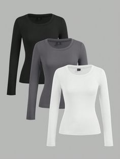 3pcs Women's Solid Round Neck Casual Fitted Long Sleeve T-Shirt Set, Suitable For Spring, Autumn And Winter Multicolor Casual  Long Sleeve Knitted Fabric Plain  Medium Stretch  Women Clothing, size features are:Bust: ,Length: ,Sleeve Length: Long Sleeve T-shirt, Long Sleeves Shirts, Casual Bodysuit, Sports Shorts Women, Fitted Long Sleeve, Fashion Tights, Basic Long Sleeve, Plain Shirts, Shirt Long Sleeve