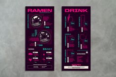 two posters with different types of food and drinks on them, one is for ramen drink