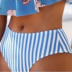 Cupshe Swim Bottoms Size Large New With Tags High Waist Striped Swimwear For Beach Season, Striped High Waist Swimwear For Beach, Summer Striped Stretch Tankini, Striped High-waist Swimwear For Beach, Striped Stretch Summer Tankini, Light Blue Summer Tankini, Striped Summer Bottoms For Sunbathing, Light Blue Summer Tankini For Beach Season, Light Blue Tankini For Sunbathing