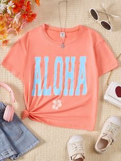 Naranja Coral Casual Collar manga corta Tela Floral,Letras  Embellished Elástico Ligero Preppy Kids Clothes, Beachy Fits, Preppy Shirts, Preppy Kids Outfits, Preppy Kids, Preppy Shirt, Preppy Room Decor, Preppy Room, Girls T Shirts