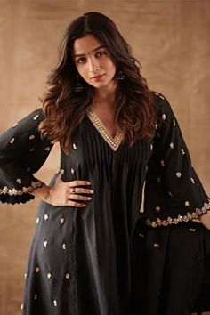 Shop for Punit Balana Black Silk Anarkali Set for Women Online at Aza Fashions Black Anarkali Dress, डिजाइनर कपड़े, Black Anarkali, Silk Anarkali, Heavy Dresses, Anarkali Dress Pattern, Kurti Designs Party Wear, Kurta Designs Women, Designer Dresses Casual