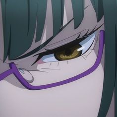 an anime character with green hair and blue eyes looks at the camera while wearing glasses