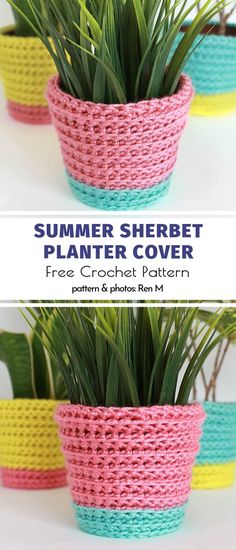 crochet planter cover with grass in it and text overlay that reads, summer sherbet planter cover free crochet pattern