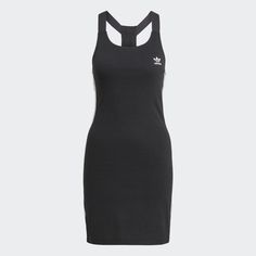 adidas Classics Racerback Dress (GN2878) - STNDRD ATHLETIC CO. Sporty Adidas Cotton Dress, Casual Black Mini Tennis Dress, Black Athleisure Mini Tennis Dress, Sporty Fitted Cotton Tennis Dress, Black Athleisure Mini Length Tennis Dress, Black Mini Length Tennis Dress In Athleisure Style, Black Mini Length Athleisure Tennis Dress, Casual Stretch Cotton Tennis Dress, Casual Cotton Stretch Tennis Dress