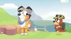 a cartoon dog with sunglasses and a hat on standing next to another dog in the grass