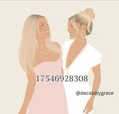 two women standing next to each other in front of a white background with the words decalsby grace on it