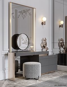 an elegant dressing room with mirrors, stools and lights on the wall behind it