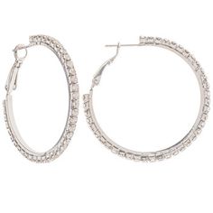 Shine bright with the addition of Rhinestone Hoop Earrings to your outfit! These metal and clear rhinestone earrings feature a hinged back with a classic hoop shape. Combine them with coordinating rings and necklaces to make a sophisticated fashion statement!     Details:   Diameter: 41.5mm  Metal Color: Imitation Rhodium      Package contains 1 pair of earrings. Metal Hoop Crystal Earrings With Rhinestones, Hoop Crystal Earrings With Rhinestones, Metal Hoop Jewelry With Rhinestones, Glamorous Metal Hoop Earrings With Rhinestones, Trendy Metal Hoop Earrings With Rhinestones, Trendy Rhinestone Metal Hoop Earrings, Glamorous Metal Hoop Earrings With Bling, Trendy Silver Hoop Earrings With Rhinestones, Silver Metal Hoop Earrings With Rhinestones