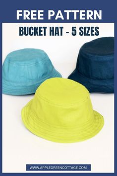 three hats with the text free pattern bucket hat - 5 sizes on top and bottom