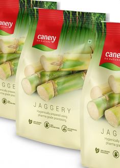 three bags of jagery on a white background