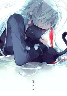 an anime character laying on the ground holding a cat