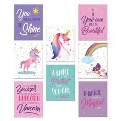 six cards with unicorns on them in different colors and sayings, each featuring the same