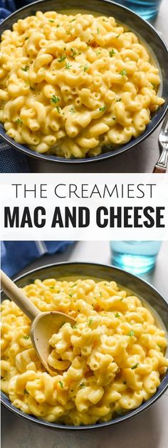 two pictures of macaroni and cheese in a pan