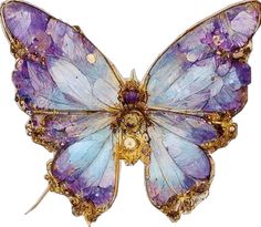 a purple and gold butterfly brooch sitting on top of a white surface