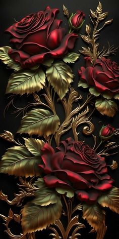 some red roses with gold leaves on a black background and text that says, i love you