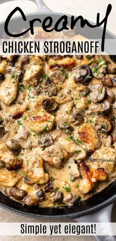 a skillet filled with chicken and mushrooms