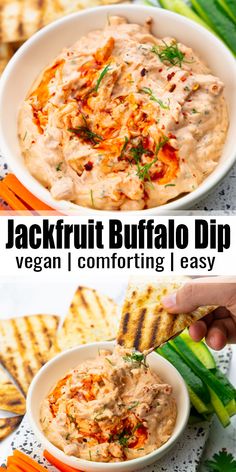 a bowl filled with dip next to crackers and vegetables