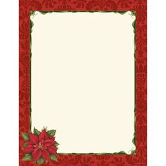 a red and green christmas card with poinsettis on the border, in front of a white background