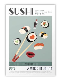 sushi poster with chopsticks and sushi on the front, in japanese