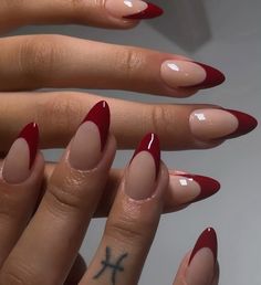 @ polishedbyykim  french nails, french tip nails, red nails, almond nails, nail inspo, gel nails, femme fatale, dark feminine, feminine archetypes, zodiac sign tattoo Red Tip Nails, Red Chrome Nails, Chrome Nails Designs, Red Acrylic Nails, Formal Nails, French Acrylic Nails, Classy Acrylic Nails, Almond Acrylic Nails