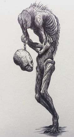 a drawing of a man holding a skull in his hand and looking down at the ground