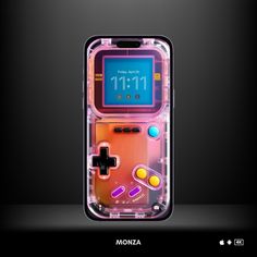 an old school gameboy phone case with the time displayed on it's screen