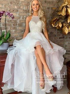 Beaded Bodice Organza Short Prom Dress High-Low Homecoming Dress ARD2658-SheerGirl Beaded Bodice Prom Dress, Prom Dress Halter, High Low Prom Dress, Modern Dresses, 2020 Prom Dresses, High Low Prom Dresses, White Evening Dress, Dress Homecoming, Mini Wedding