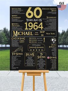 a black and gold 50th birthday poster on a easel