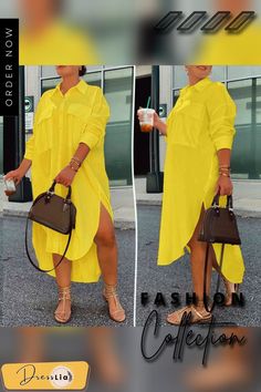 S-5xl Loose Ladies Vintage Plain Collared Long Maxi Shirt Dress Button Down High Low Split Hem Maxi Shirts, Maxi Shirt Dress, Button Dress, Long Maxi, Split Hem, Mid Calf, Yellow White, High & Low, High Low