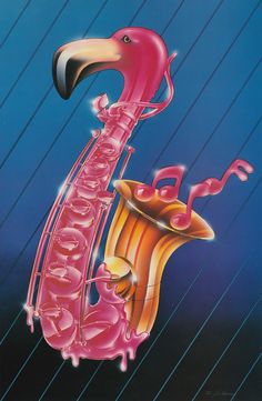 a painting of a flamingo playing the saxophone