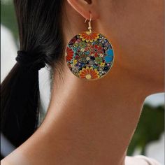 Shein Boho Festival Flower Drop Round Dangle Earrings 100% Alloy, Eardrop Height: 2.4”, Eardrop Width: 1.8” Nickel Free Flower Earrings For Summer, Festival Jewelry With Flower Charm, Multicolor Summer Flower Charm Earrings, Summer Multicolor Flower Charm Earrings, Multicolor Floral Print Flower Earrings, Summer Multicolor Earrings With Flower Charm, Bohemian Gold Flower Earrings For Beach, Bohemian Multicolor Flower Charm Earrings, Bohemian Flower Earrings As Gift