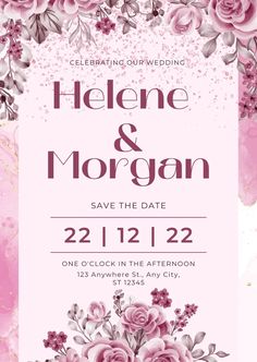 a wedding card with pink roses and leaves on the front, in watercolor style