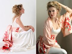 two photos of a woman in white and pink dress sitting on the floor with her hands behind her head