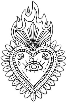 a heart with flames in the middle and an evil eye on it's side