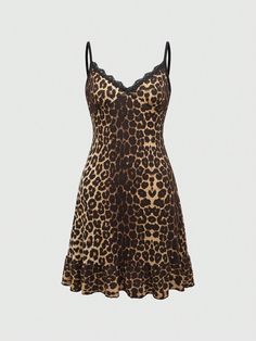 Sassy Leopard Print Lace Trim Cami Dress For Women, School Multicolor Casual  Sleeveless Knitted Fabric Leopard Print,All Over Print,Textured Pattern Cami High Stretch  Women Clothing, size features are:Bust: ,Length: ,Sleeve Length: Leopard Print Mini Dress, Cheetah Dress, Lace Trim Cami, Cheetah Print Dress, Animal Print Dress, Leopard Print Top, Dreamy Dress, Grunge Punk, Suspender Dress