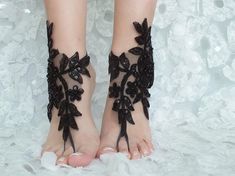 black and ivory french lace gothic barefoot sandals wedding Handmade Barefoot Sandals For Party, Bridesmaid Sandals, Lace Barefoot Sandals, Barefoot Sandals Wedding, Beach Wedding Sandals, Wedding Anklets, Beach Wedding Sandals Barefoot, Crochet Barefoot Sandals, Sandals Wedding