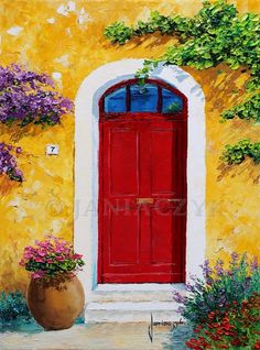 a painting of a red door and potted plants