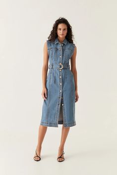 Darcie Denim Midi Dress | 90's Wash | Aje – Aje ROW Elegant Denim Dress With Button Closure For Work, Belted Midi Denim Dress For Work, Short Sleeve Belted Denim Workwear Dress, Belted Denim Dress With Short Sleeves For Work, Knee-length Belted Denim Dress For Work, Chic Belted Denim Dress For Work, Denim Midi Dress With Pockets For Work, Belted Knee-length Denim Dress, Workwear Denim Dress With Button Closure