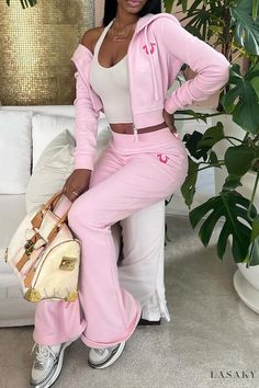 Lasaky - Cozy Cropped Jacket and Flare Leg Pant Set Sweat Suits Outfits, Flare Leg Pants Outfit, Sets Outfit, Leg Pants Outfit, Sweat Suit, Women's Outfits By Occasions, Hoodie And Sweatpants, Pink Set