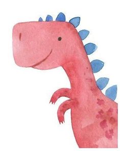 a watercolor drawing of a pink dinosaur with blue spikes on its head and tail