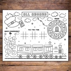 a coloring page with an image of a train and the words all aboard on it