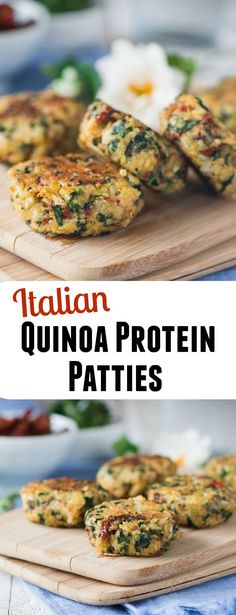 an image of quinoa patties on a cutting board with text overlay